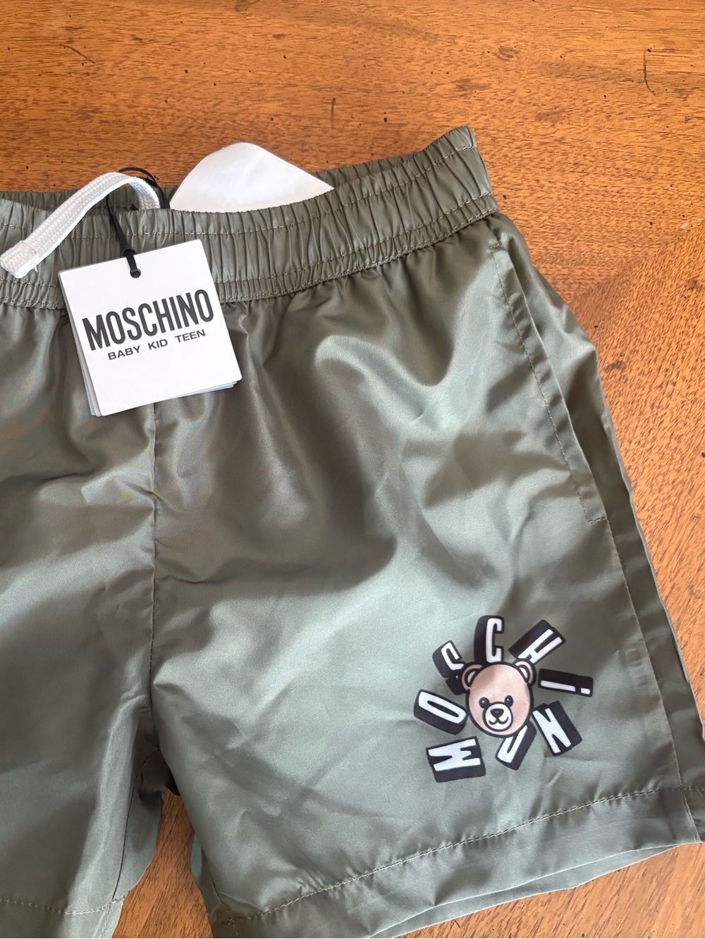 Moschino Kids Olive Green Logo Bear Swim Shorts
